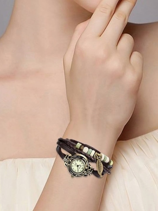 Anthropologie Brown Leather Wrap Watch with Leaf Charm and Bead Accents